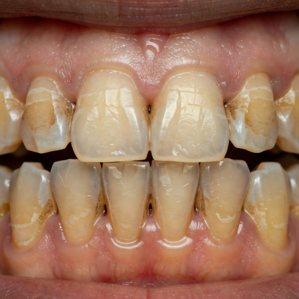 Close-up of yellow extrinsic staining on teeth caused by tea, coffee, and smoking