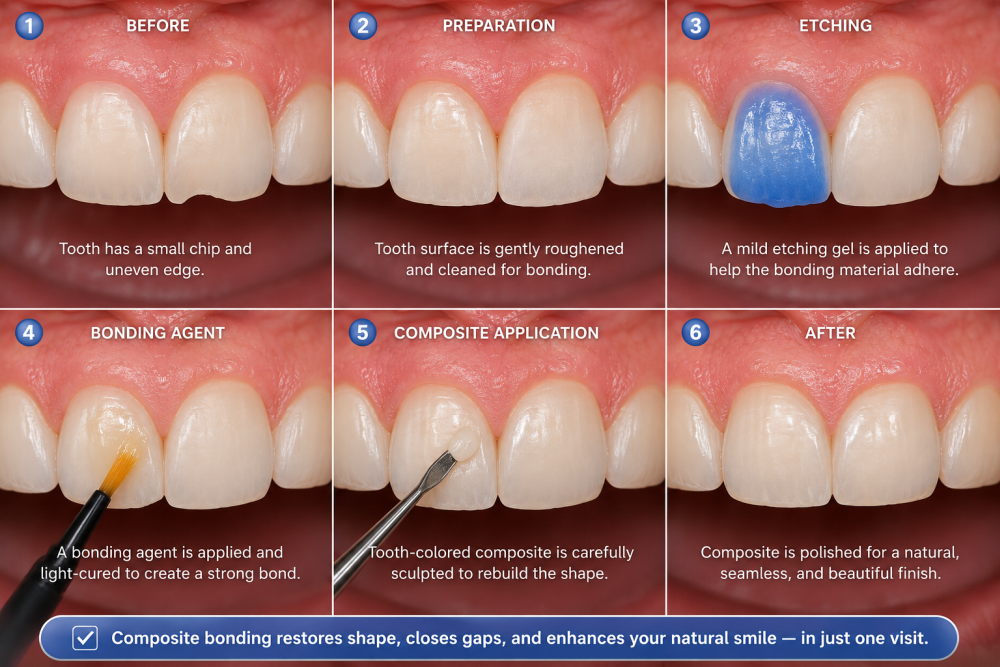 Step-by-step composite bonding procedure performed in a clinical setting in West Byfleet