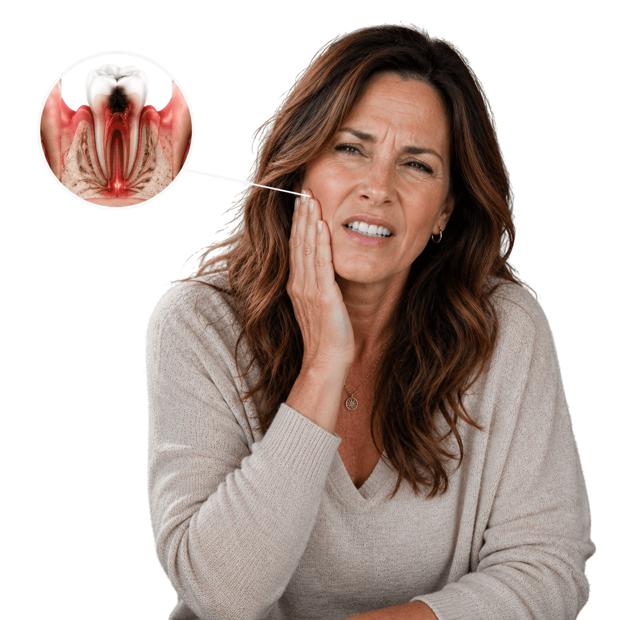 Woman experiencing tooth pain with an illustrated infected tooth callout